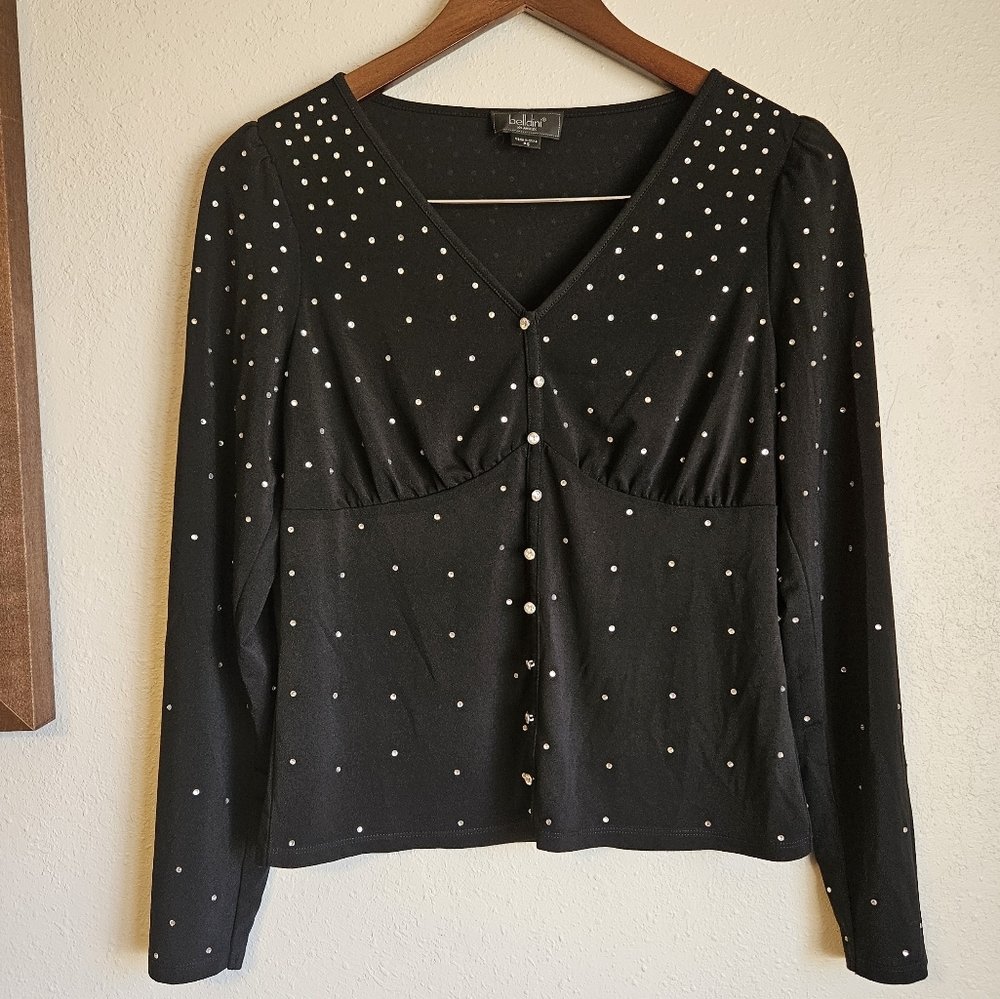 Belldini Black Embellished Long Sleeves Babydoll Blouse Top PS